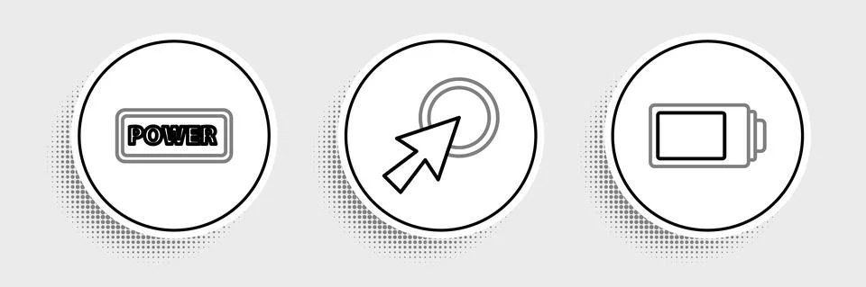Set line Battery charge level indicator, Power button and Arrow cursor icon Stock Illustration
