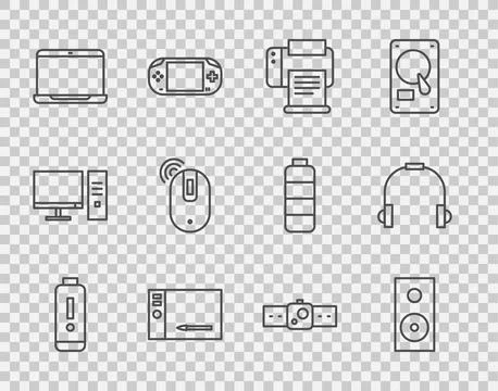 Set line Battery charge level indicator, Stereo speaker, Printer, Graphic tablet Stock Illustration