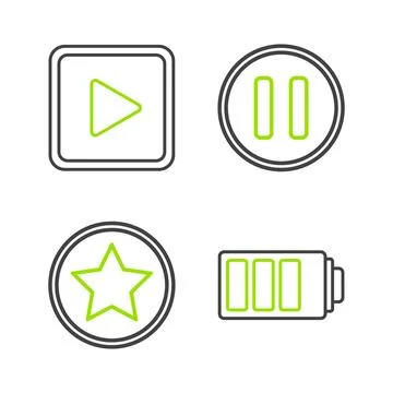 Set line Battery charge level indicator, Star, Pause button and Play square icon Stock Illustration