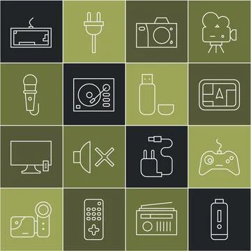 Set line Battery charge level indicator, Gamepad, Gps device with map, Photo Illustrazione stock