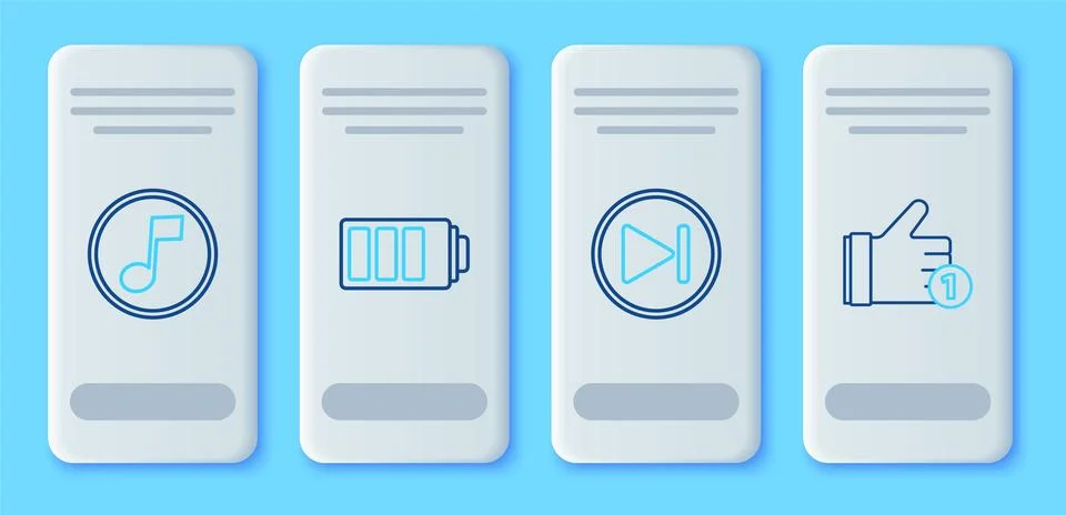 Set line Battery charge level indicator, Fast forward, Music note, tone and.. Illustrazione stock