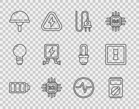 Set line Battery charge level indicator, Multimeter, Electric plug, Process.. Stock Illustration