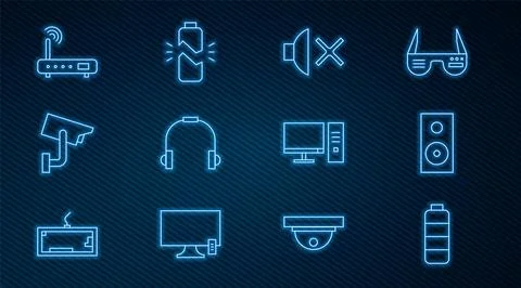 Set line Battery charge level indicator, Stereo speaker, Speaker mute, Head.. Stock Illustration