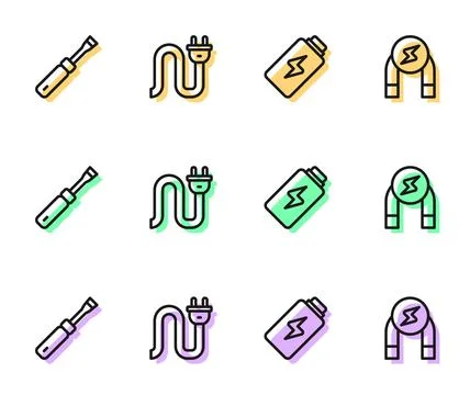 Set line Battery charge, Screwdriver, Electric plug and Magnet icon. Vector イラスト素材