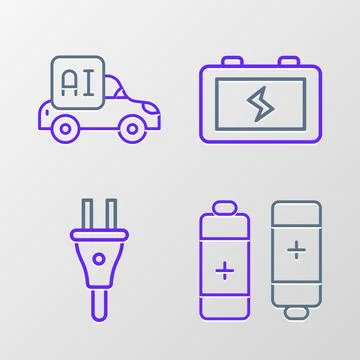 Set line Battery, Electric plug, and Autonomous smart car icon. Vector Illustrazione stock