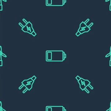 Set line Battery, Electric plug and Wind turbine on seamless pattern. Vector Stock Illustration