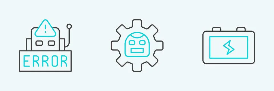 Set line Battery, Error in robot and Robot icon. Vector Ilustración de archivo