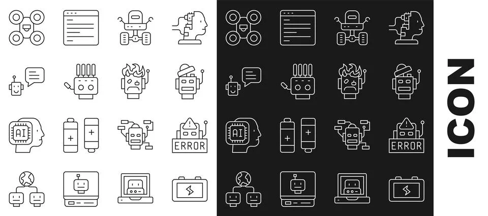 Set line Battery, Error in robot, Robot, Mars rover, Mechanical hand, Bot, .. Stock Illustration