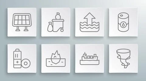 Set line Battery, Full dustbin, Iceberg, Oil tanker ship, Tornado, Rise water イラスト素材