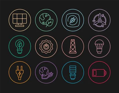 Set line Battery, LED light bulb, Electric plug, Power button, Light with leaf Stock Illustration