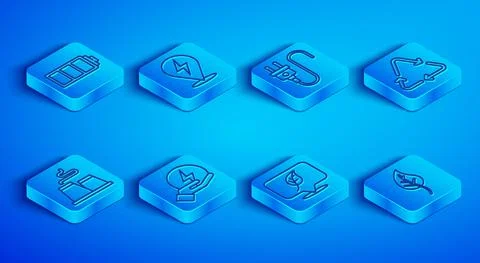 Set line Battery, Lightning bolt, Electric plug, Location with leaf, Recycle Stock Illustration
