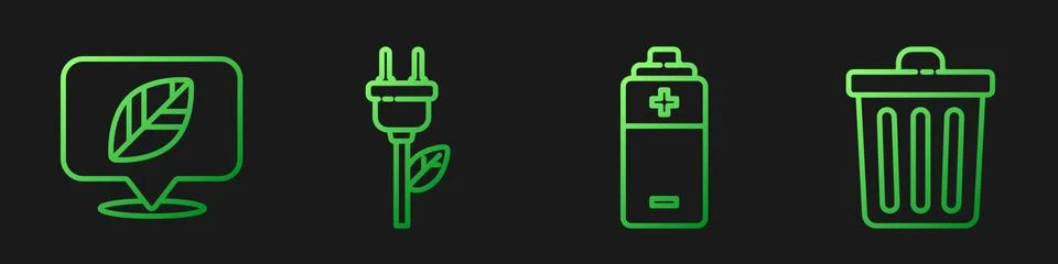 Set line Battery, Location with leaf, Electric saving plug in leaf and Trash  Stock Illustration