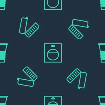 Set line Battery in pack, Lunch box and Paper glass on seamless pattern. Vector 스톡 일러스트