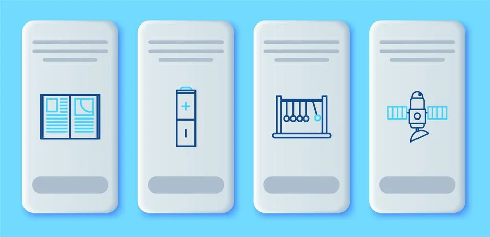 Set line Battery, Pendulum, Open book and Satellite icon. Vector Stock Illustration