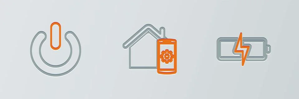 Set line Battery, Power button and Smart home remote control system icon. Vector Ilustração Stock