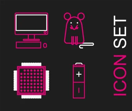 Set line Battery, Processor, Rat and Computer monitor with keyboard and mouse Illustrazione stock