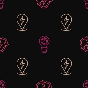 Set line Battery with recycle, Lightning bolt and bulb lightning on seamless 스톡 일러스트