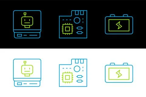 Set line Battery, Robot and Motherboard digital chip icon. Vector Stockillustratie
