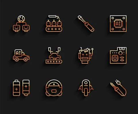 Set line Battery, Robot vacuum cleaner, Artificial intelligence, Soldering iron Stockillustratie