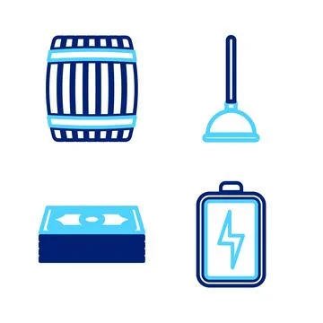 Set line Battery, Stacks paper money cash, Rubber plunger and Wooden barrel.. Illustration