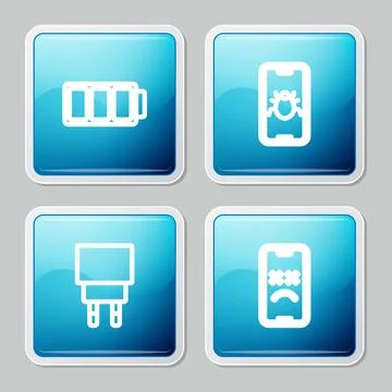 Set line Battery, System bug on mobile, Charger and Dead icon. Vector Stock Illustration