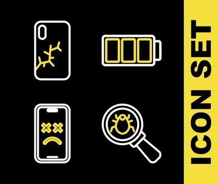 Set line Battery, System bug, Dead mobile and Mobile with broken screen icon 스톡 일러스트