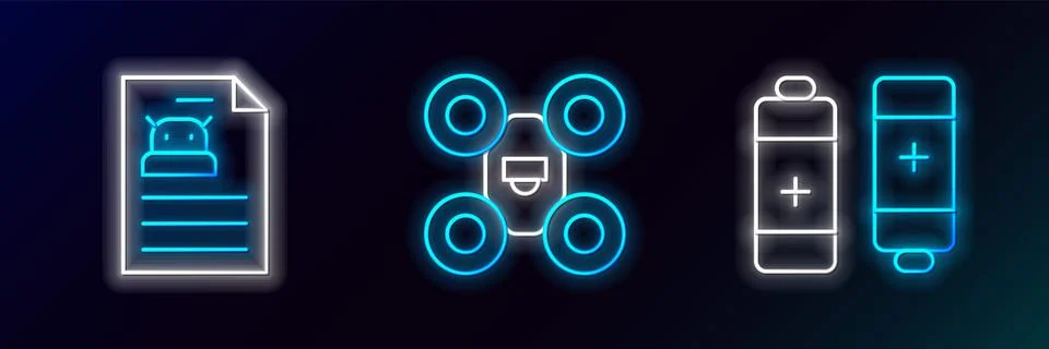 Set line Battery, Technical specification and Drone icon. Glowing neon. Vector Stock Illustration