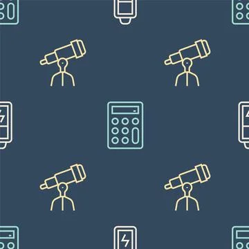 Set line Battery, Telescope and Calculator on seamless pattern. Vector 스톡 일러스트