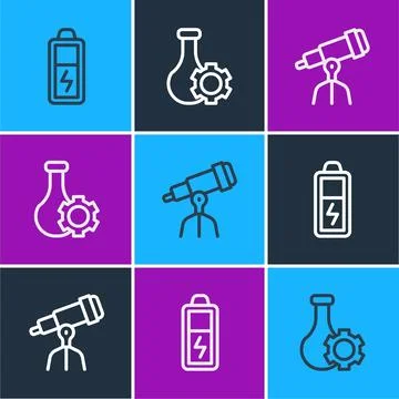 Set line Battery, Telescope and Test tube icon. Vector Stock Illustration