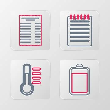 Set line Battery, Thermometer, Notebook and Paper or financial check icon Stock Illustration