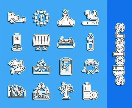 Set line Battery, Tree stump, Bottle of water, Volcano eruption with lava, Solar イラスト素材