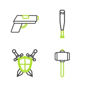 Set line Battle hammer Medieval shield with crossed swords Baseball bat and P Stock Illustration