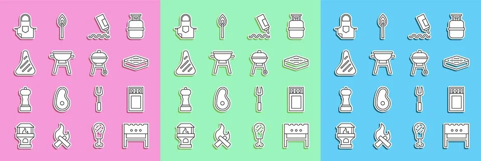 Set line BBQ brazier, Matchbox and matches, Steak meat, Sauce bottle, Barbe.. Stock Illustration