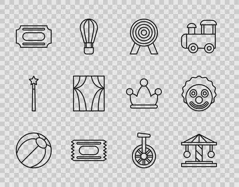 Set line Beach ball, Attraction carousel, Target, Circus ticket, curtain raises Stock Illustration