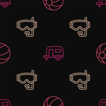 Set line Beach ball, Diving mask and Rv Camping trailer on seamless pattern.  Illustrazione stock