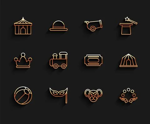 Set line Beach ball, Festive mask, Circus tent, Monkey, Juggling, Toy train, and Stock Illustration