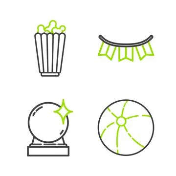Set line Beach ball, Magic, Carnival garland with flags and Popcorn in box .. Stock Illustration