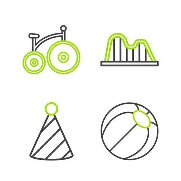 Set line Beach ball, Party hat, Roller coaster and Vintage bicycle icon. Vector Stock Illustration