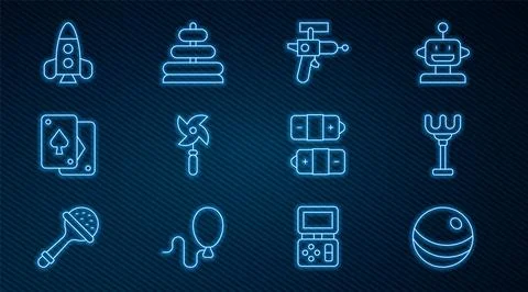 Set line Beach ball, Rake toy, Ray gun, Pinwheel, Playing cards, Rocket ship Stock Illustration