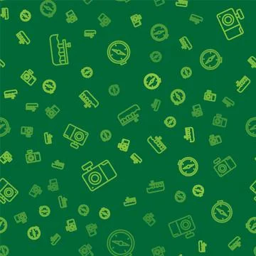 Set line Beach pier dock, Photo camera and Compass on seamless pattern. Vector Stock Illustration