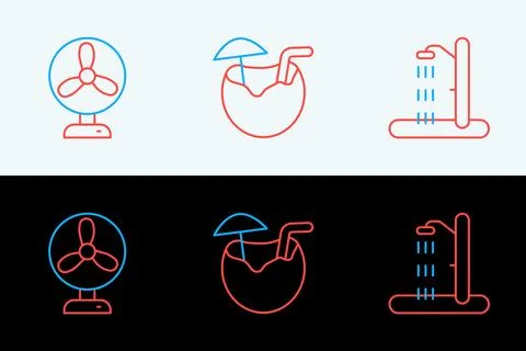 Set line Beach shower, Electric fan and Coconut cocktail icon. Vector Stock Illustration
