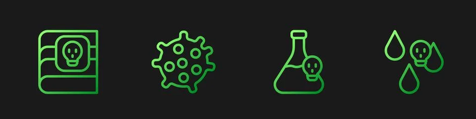 Set line Beaker with toxic liquid, Book about poisons, Bacteria and Acid ra.. Ilustração Stock