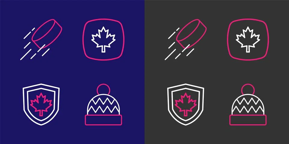 Set line Beanie hat, Canada flag on shield, Canadian maple leaf and Hockey .. Stock Illustration