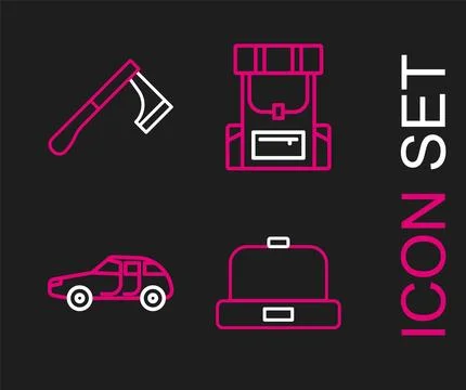 Set line Beanie hat, Car, Hiking backpack and Wooden axe icon. Vector Stock Illustration