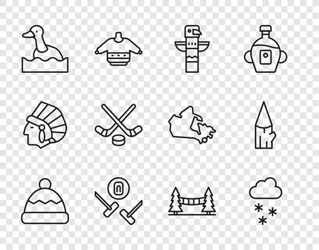 Set line Beanie hat, Cloud with snow, Canadian totem pole, Curling sport ga.. Stockillustratie