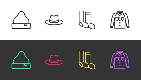 Set line Beanie hat, Man, Socks and Shirt on black and white. Vector Stock Illustration