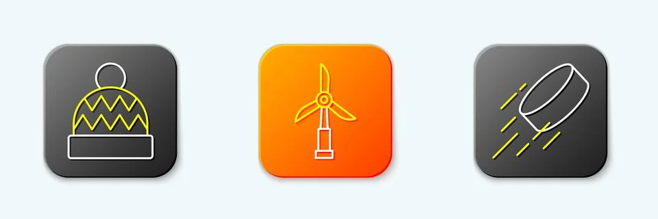Set line Beanie hat, Wind turbine and Hockey puck icon. Vector Stock Illustration