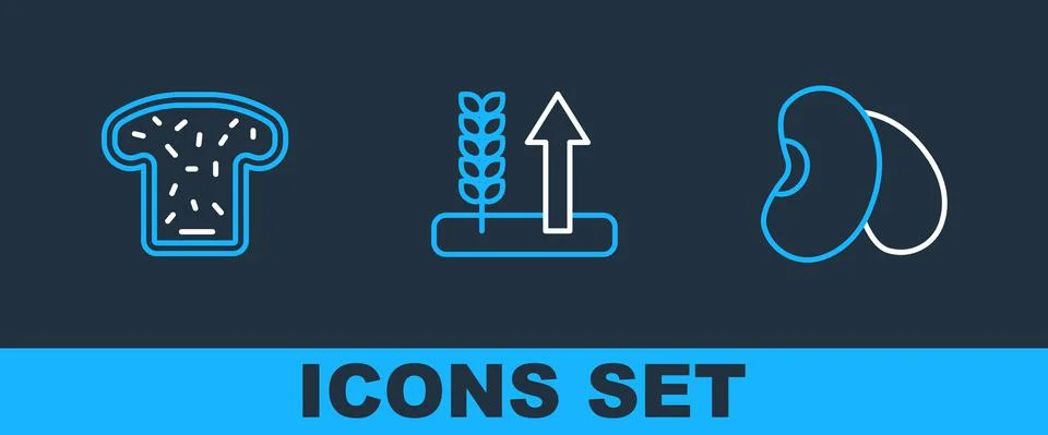 Set line Beans, Bread toast and Wheat icon. Vector 스톡 일러스트