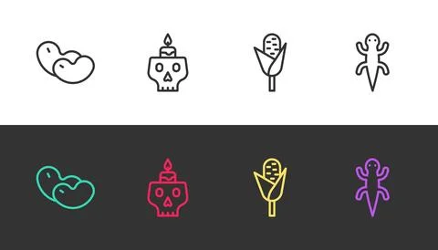 Set line Beans, Burning candle on skull, Corn and Lizard on black and white.. Stock Illustration