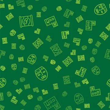 Set line Beans in can, Aztec mask and Mexican house on seamless pattern. Vector Stock Illustration